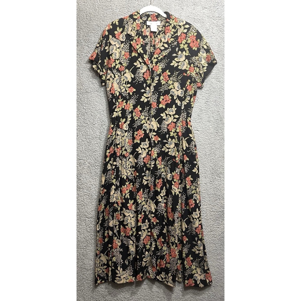 Jones New York Silk Floral Dress Black Multicolor Button Front Size 14
